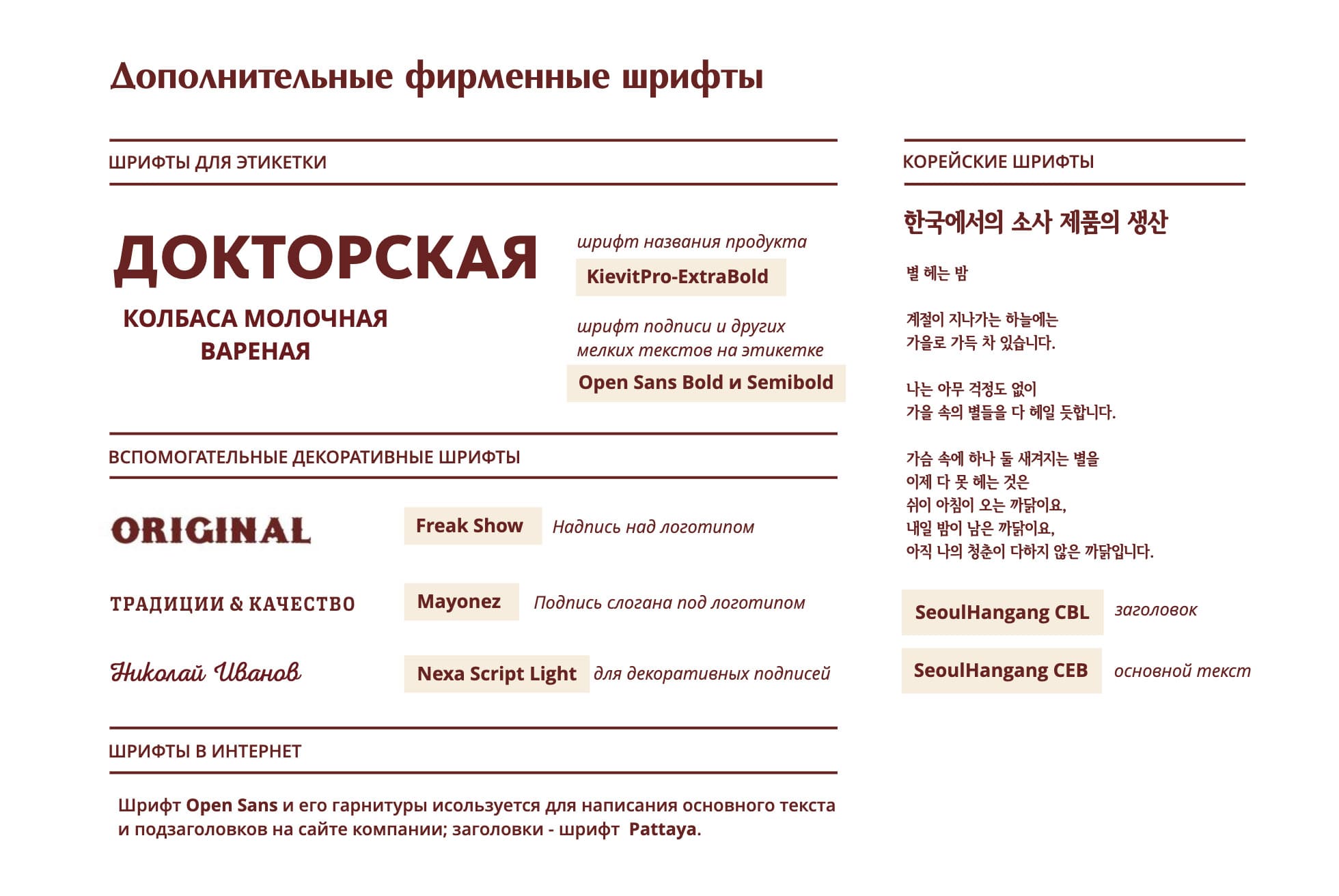 фирменный стиль и шрифты производителя колбасы, сосисок брендинг колбасного завода